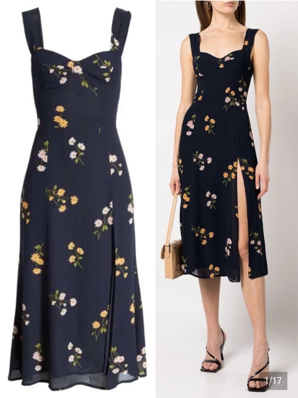 Reformation Fulton Floral Navy Midi Dress with Sweetheart Neckline
